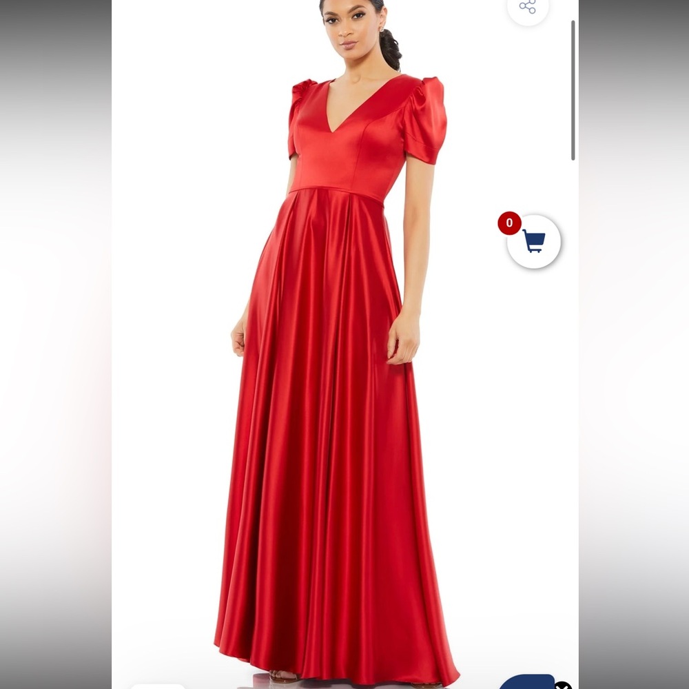 Mac Duggal Puff Sleeve V- neck Ruby red satin gown- 26606 brand new with tags
